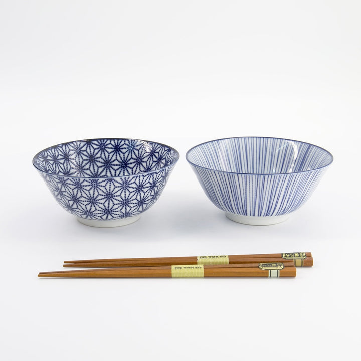 Nippon Blue Tayo Bowl Giftset 2pcs w/chopst. 15.2x6.7cm Star & Lines