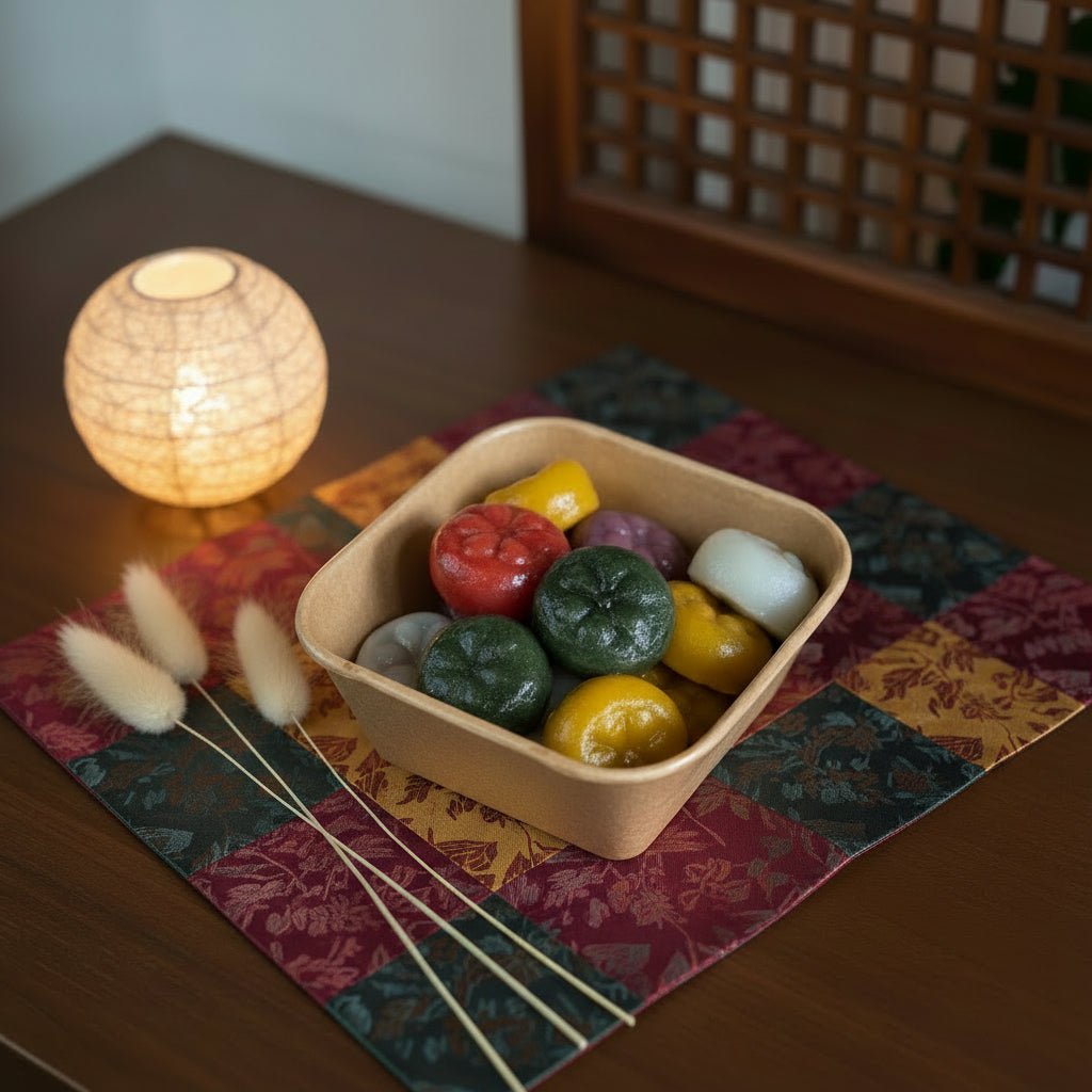 Assorted colored korean traditional rice-cake in a small container on a metal surface.