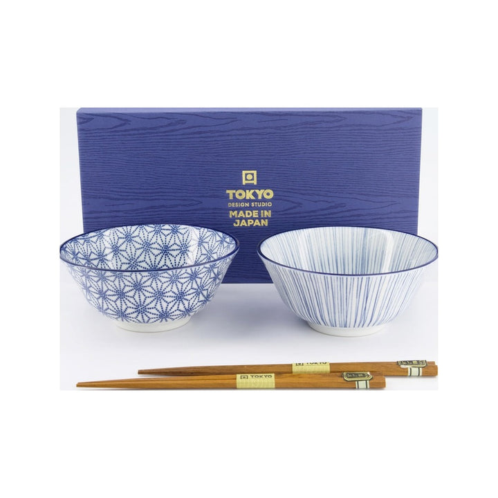 Nippon Blue Tayo Bowl Giftset 2pcs w/chopst. 15.2x6.7cm Star &amp; Lines